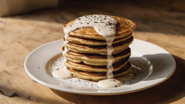 A stack of pancakes on a white plate with syrup drizzling over it, on a wooden table with a rustic background, perfect for food blogs or advertising