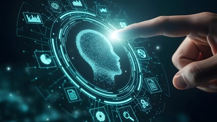 Close up of finger touching futuristic AI neural network interface