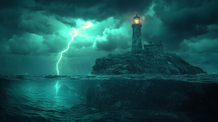 Dramatic Lighthouse on Rocky Island with Stormy Sky and Lightning