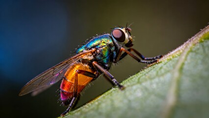 A colorful fly with iridescent green and orange body perched on a leaf