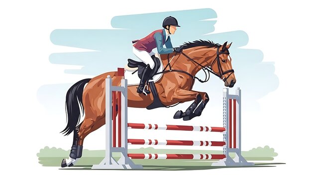 Equestrian athlete jumping horse over obstacle course - Powered by Adobe