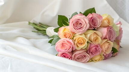 Obraz premium A bouquet of pastel roses on a white fabric background
