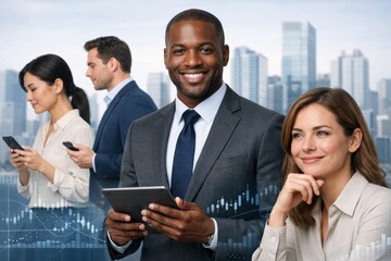 Confident business team using digital devices with city background. Ai generative