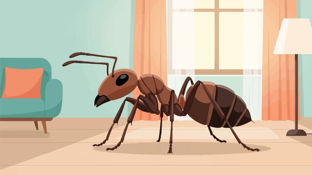 Large cartoon ant exploring a cozy living room with a couch and lamp