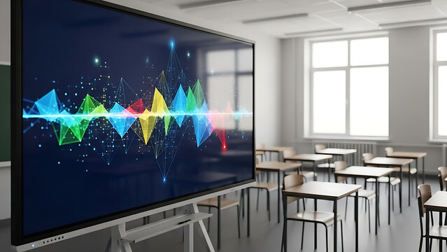 Large interactive display with colorful sound wave visualization in a modern classroom setting. - Powered by Adobe