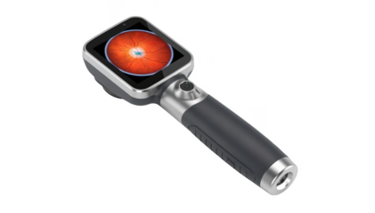 Handheld digital ophthalmoscope with interactive display showing eye anatomy isolated on white background for use in primary care office diagnostics.