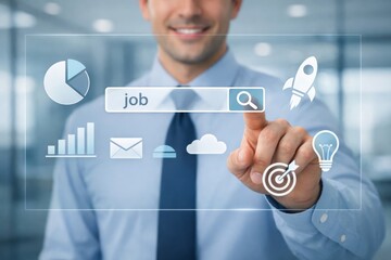 Businessman touching job search icon on futuristic transparent screen concept. Ai generative