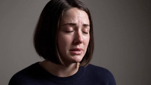 Emotional Close-Up of Young Woman Crying and Wiping Tears with Sad Expression Against Neutral Background
