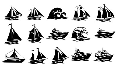 Sailboat Line Pattern and Maritime Boat Outline Icons for Water Transport Vector