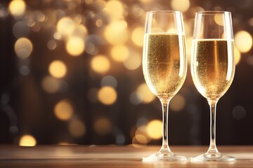 Elegant champagne glasses against blurred festive bokeh background with space for your text