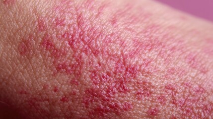 Close-Up View of Human Skin Showing Texture and Redness with a Soft Pink Background for Medical and Beauty Applications