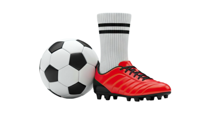 Soccer ball and red cleat with striped sock