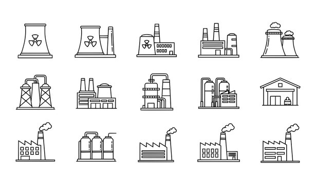 Industrial Power Plant and Factory Outline Icons for Energy and Manufacturing Vector