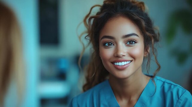 Empathetic Healthcare: A warm smile radiates from a dedicated healthcare professional, embodying compassion and care, fostering trust in a clinical setting.