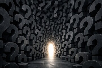 Endless corridor of dark question marks leading to bright light concept. Ai generative
