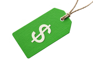 Green price tag with dollar sign isolated on transparent background