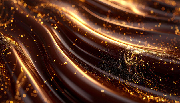 ほのかな金色の輝きが上品に映えるチョコレート表面のエレガント背景素材 &ndash; Chocolate Surface with Subtle Gold Highlights and Smooth Reflection