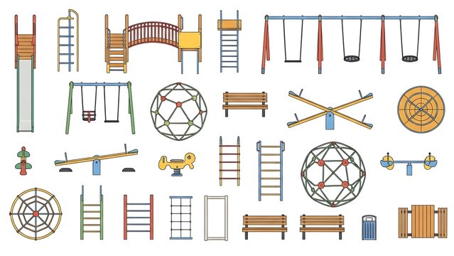 Playground equipment vector illustration set for childrens games
