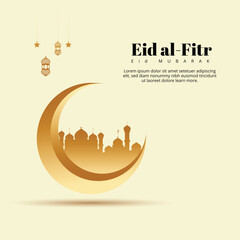 Eid al-Fitr Mubarak celebration with lanterns, crescent moon, and mosque silhouette
