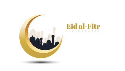 Eid al-Fitr Mubarak celebration with lanterns, crescent moon, and mosque silhouette
