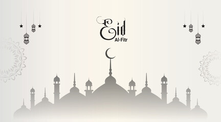 Eid al-Fitr Mubarak celebration with lanterns, crescent moon, and mosque silhouette
