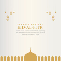 Eid al-Fitr Mubarak celebration with lanterns, crescent moon, and mosque silhouette
