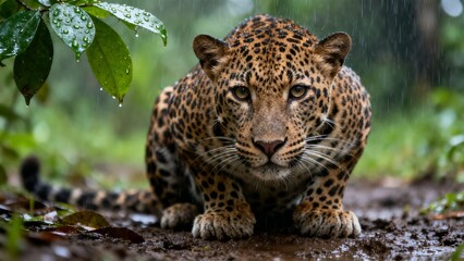A leopard crouches on wet ground in a rainforest during rainfall, surrounded by green foliage.