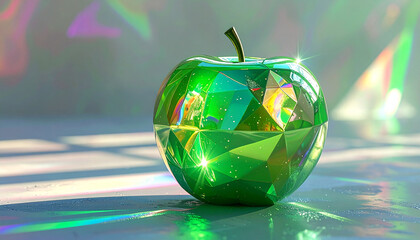ホログラフィックなプリズム光に包まれたグリーンアップルの抽象クールなビジュアル背景素材 – Abstract Green Apple with Luminous Holographic Prism Colors