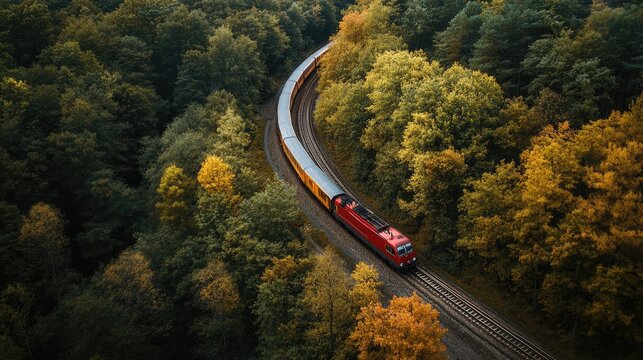 A red train travels through a lush green and yellow forest during autumn, viewed from above.