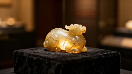 Carved amber-colored stone sculpture of a mythical creature displayed on a dark pedestal in a museum setting