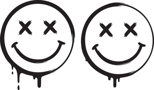 Two black and white smiley faces with x eyes and dripping effect