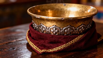 Ornate brass bowl with decorative band resting on a red cloth with gold trim on a wooden surface