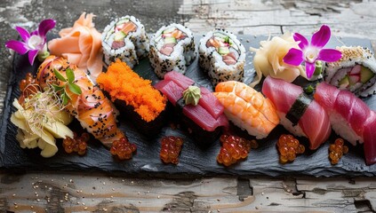 A vibrant sushi platter with various rolls and nigiri, arranged artfully