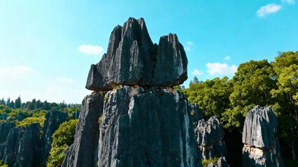 Towering limestone formations in a forested karst landscape under a clear blue sky