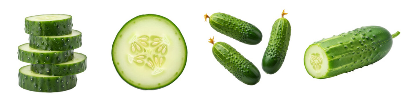 Fresh Green Cucumber Slices and Whole Mini Cucumbers Isolated Set, Healthy Vegetable Elements, PNG, transparent background