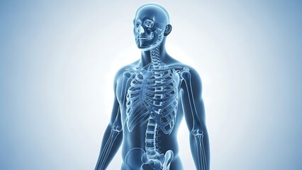Detailed X-ray view of human anatomy focusing on skeletal system and internal organs