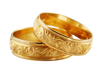 Two gold wedding bands with intricate swirl on white isolated on a transparent background rings jewelry