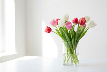 Fototapeta premium Colorful Tulip Bouquet in Glass Vase Natural Light