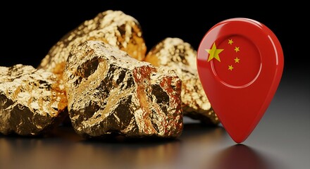 Gold rush in China with shiny gold nuggets and red location marker