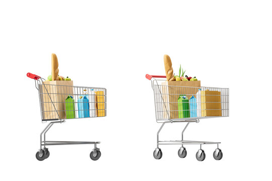 Two supermarket shopping carts filled with groceries like cartons, bread, and paper bags on isolated white background. Retail and grocery concept, 3D Rendering