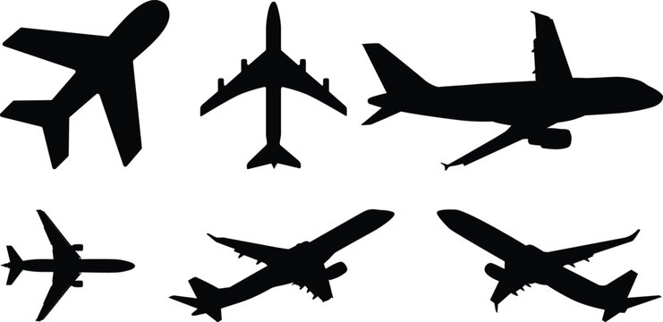Set of black plane silhouette icon.World or international travel / traveling on an airplane flat icon for apps and websites.Aircraft icon vector set. airplane illustration sign collection. plane