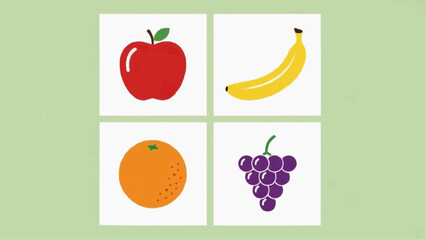Collage of fruit icons including apple, banana, orange, and grapes in a grid layout on a light green background viewed from directly above
