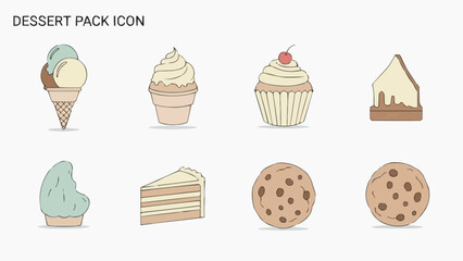 Assorted desserts icons displayed in a grid pattern showcasing various sweet treats and baked goods, including ice cream, cupcakes, and cookies
