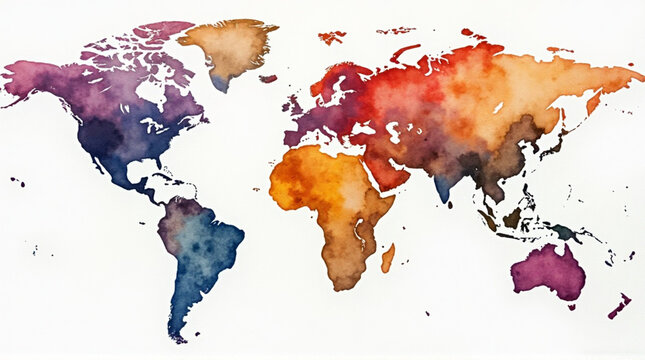 Vibrant watercolor world map on white background for global business