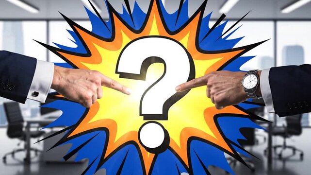 Two businessmen pointing at a large question mark in a colorful explosion graphic in an office background, possibly for a stock photo or presentation
