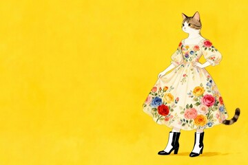 Cat in floral dress on yellow background