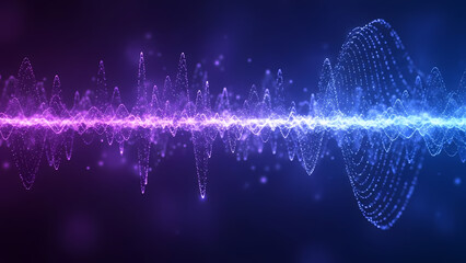 Glowing blue digital waves of light and energy in abstract space background