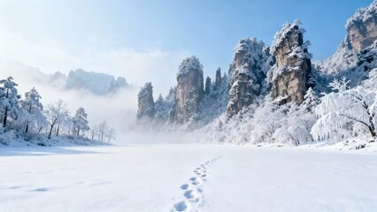 Snow-covered landscape with footprints leading toward misty rock formations and frozen trees under a clear blue sky