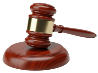 A wooden gavel with a gold band on a matching sound block, symbolizing justice and authority, isolated on transparent background