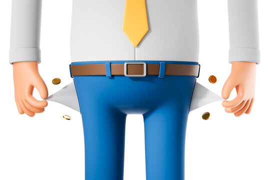 Cartoon-style businessman showing empty pockets and falling coins, wearing formal clothes, isolated on white background. Concept of financial crisis. 3D Rendering